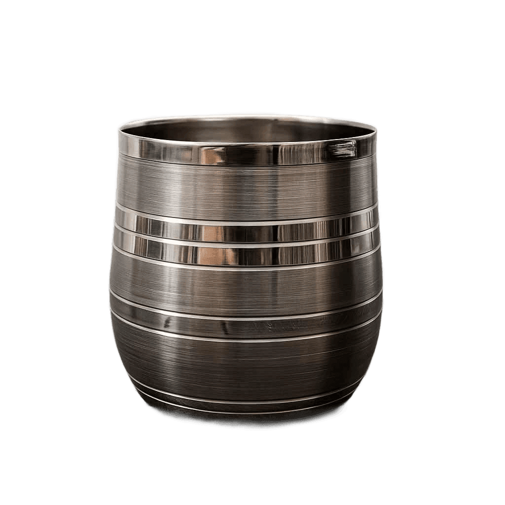 Banded stainless-steel barrel pot with mirror-polished rings